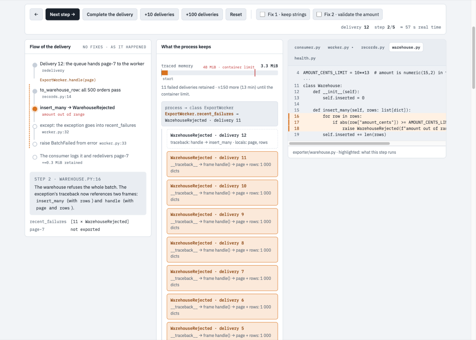 incident-anatomy: the simulator stepping through a leak, with the retained exceptions and the highlighted code line